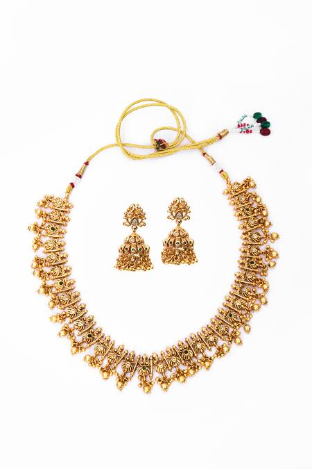 Shop Our Purple Studio Gold Plated Stones, Beads Temple Design Necklace And Jhumka Earrings Set Online at Aza Fashions Shop_Our Purple Studio_Gold Plated Stones, Beads Temple Design Necklace And Jhumka Earrings Set _Online_at_Aza_Fashions