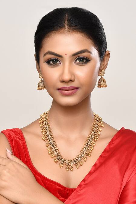 Our Purple Studio_Gold Plated Stones, Beads Temple Design Necklace And Jhumka Earrings Set _at_Aza_Fashions