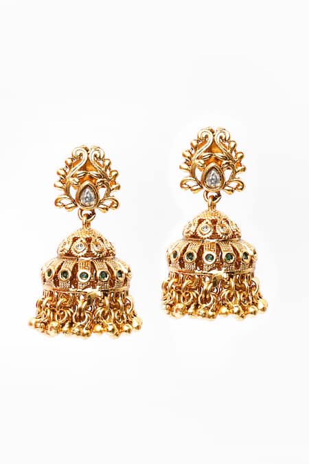 Buy_Our Purple Studio_Gold Plated Stones, Beads Temple Design Necklace And Jhumka Earrings Set 