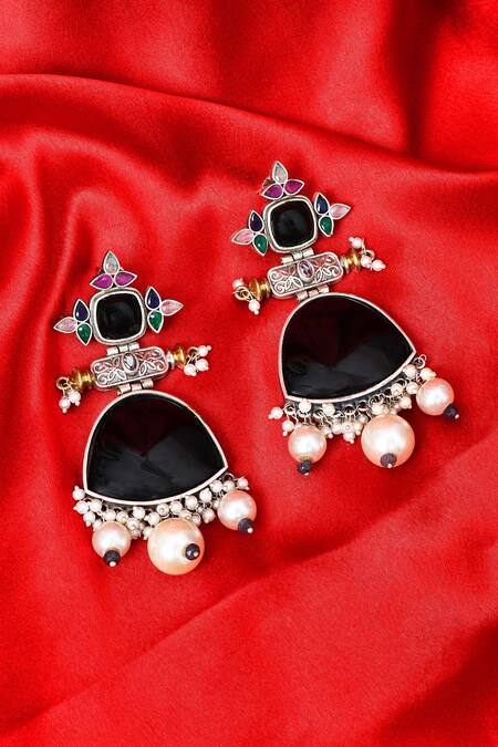Our Purple Studio_Black Pearls, Stones And Embellished Drop Earrings _at_Aza_Fashions