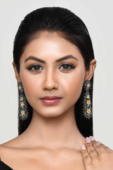Buy_Our Purple Studio_Green Stones Floral And Leaf Embellished Drop Earrings _Online_at_Aza_Fashions