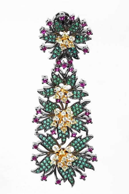 Shop Our Purple Studio Green Stones Floral And Leaf Embellished Drop Earrings Online at Aza Fashions Shop_Our Purple Studio_Green Stones Floral And Leaf Embellished Drop Earrings _Online_at_Aza_Fashions