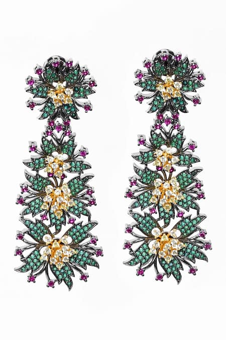 Our Purple Studio_Green Stones Floral And Leaf Embellished Drop Earrings _at_Aza_Fashions