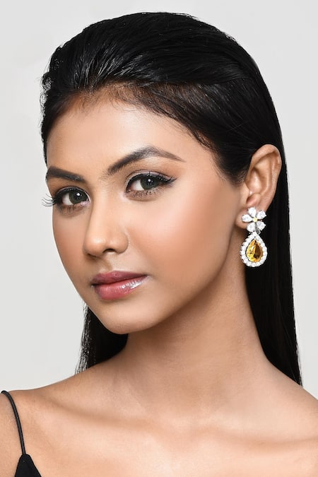 Our Purple Studio White Crystals, Stones Floral And Teardrop Drop Earrings 
