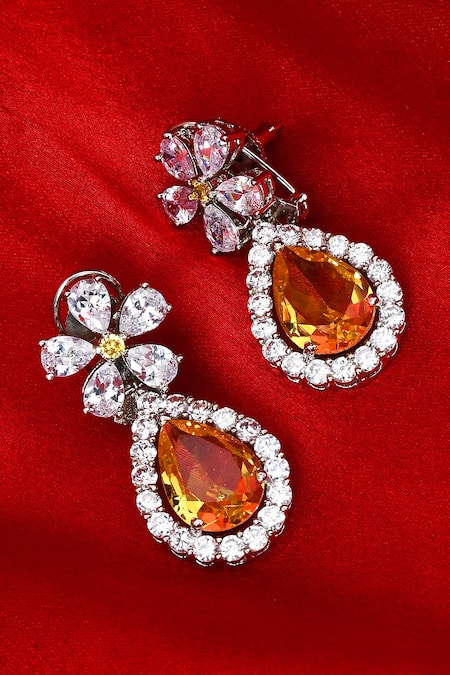 Shop_Our Purple Studio_White Crystals, Stones Floral And Teardrop Drop Earrings _Online_at_Aza_Fashions