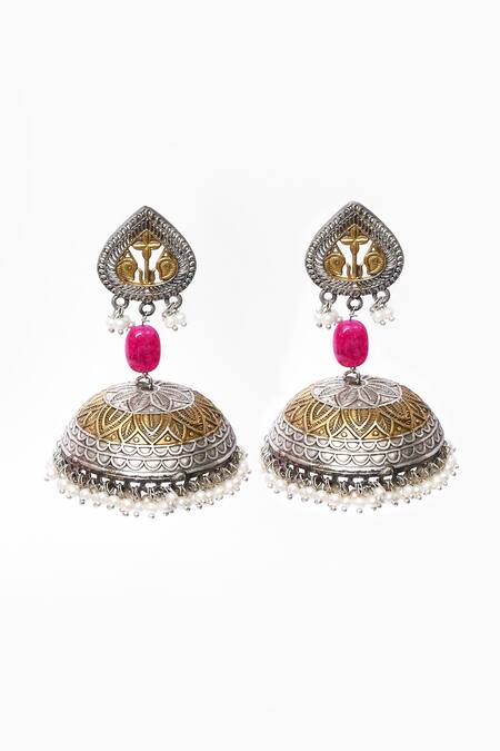 Our Purple Studio_Silver Plated Pearls, Stones Drops Oxidized Jhumka Earrings _Online_at_Aza_Fashions