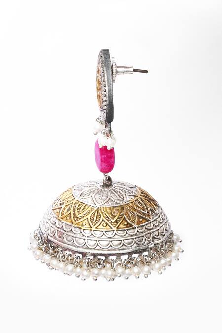 Buy_Our Purple Studio_Silver Plated Pearls, Stones Drops Oxidized Jhumka Earrings _Online_at_Aza_Fashions