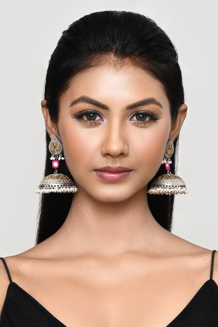 Shop_Our Purple Studio_Silver Plated Pearls, Stones Drops Oxidized Jhumka Earrings _Online_at_Aza_Fashions