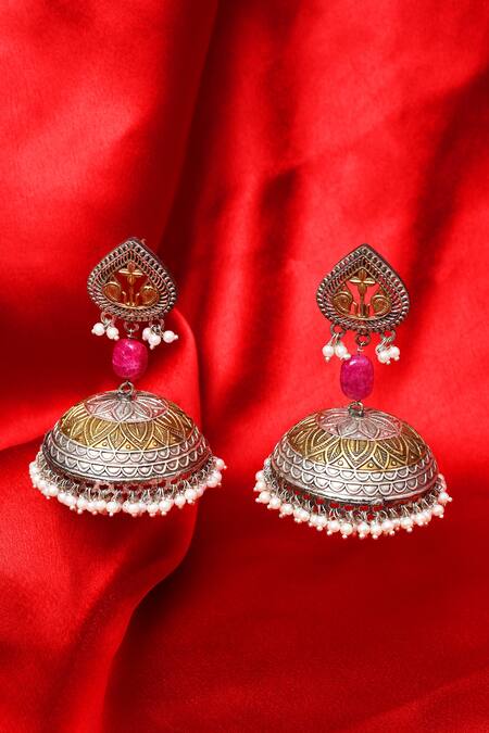 Our Purple Studio_Silver Plated Pearls, Stones Drops Oxidized Jhumka Earrings _at_Aza_Fashions
