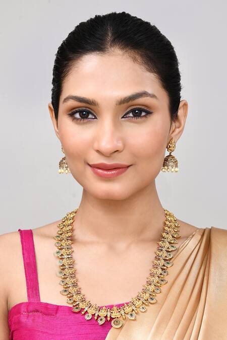 Our Purple Studio_Gold Plated Pearls, Stones Temple Motif Necklace And Jhumka Earrings _Online_at_Aza_Fashions