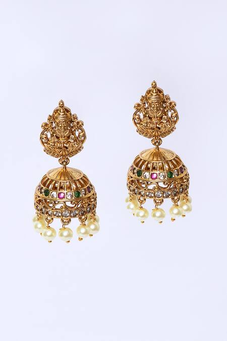 Buy_Our Purple Studio_Gold Plated Pearls, Stones Temple Motif Necklace And Jhumka Earrings _Online_at_Aza_Fashions