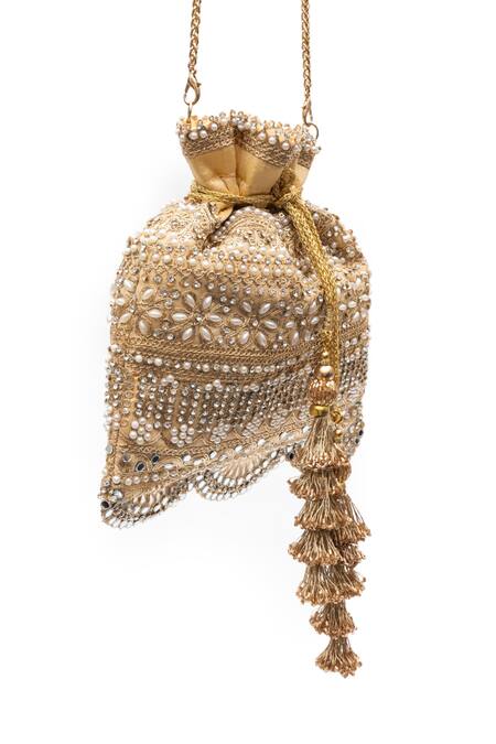SG Collection By Sonia Gulrajani_Gold Pearls, Mirrors, Embroidery, Tassels Soraya And Embellished Potli Bag _Online_at_Aza_Fashions