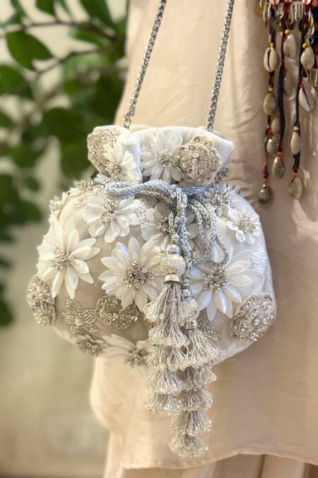 Buy_SG Collection By Sonia Gulrajani_Ivory Pearls, Sequins, Tassels, Embroidery Celeste Floral And Potli Bag _Online_at_Aza_Fashions