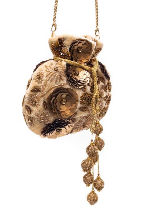 SG Collection By Sonia Gulrajani_Beige Sequins, Beads, Tassels, Embroidery Anora Velvet Floral And Potli _Online_at_Aza_Fashions