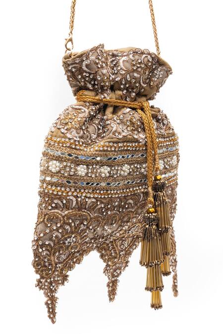 SG Collection By Sonia Gulrajani_Gold Stones, Pearls, Tassels, Embroidery Ratna And Embellished Scalloped Potli _Online_at_Aza_Fashions