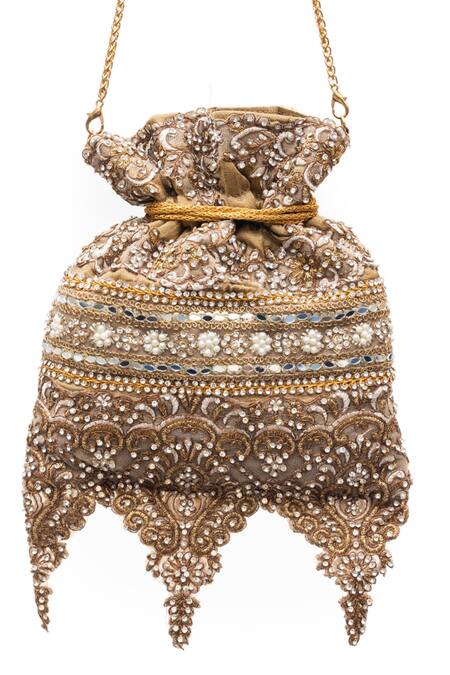 Buy_SG Collection By Sonia Gulrajani_Gold Stones, Pearls, Tassels, Embroidery Ratna And Embellished Scalloped Potli _Online_at_Aza_Fashions