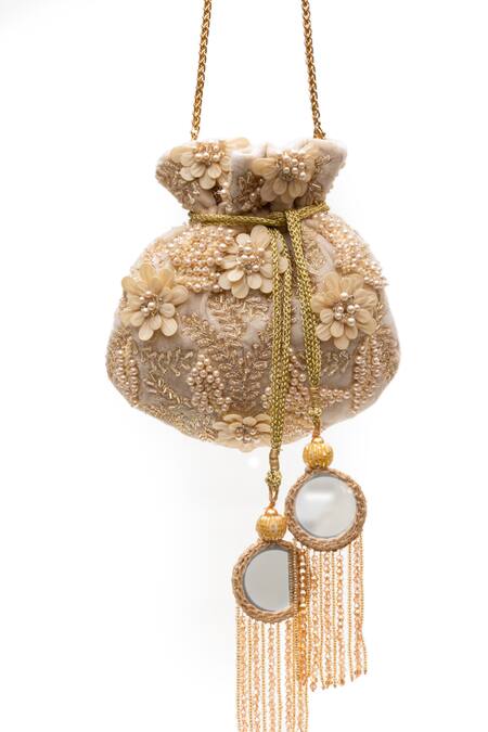 Buy_SG Collection By Sonia Gulrajani_Cream Fabric Flowers, Sequins, Beads, Layali Velvet Floral Embellished Potli Bag _Online_at_Aza_Fashions