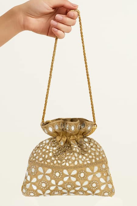 SG Collection By Sonia Gulrajani_Gold Mirrors, Tassels, Embroidery Noor Mirrorwork Floral Potli Bag _Online_at_Aza_Fashions