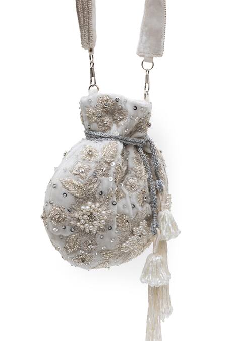 Buy_SG Collection By Sonia Gulrajani_Ivory Pearls, Sequins, Embroidery, Tassels Elara Velvet Floral And Potli _Online_at_Aza_Fashions