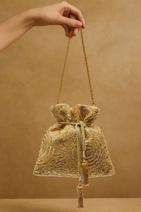 SG Collection By Sonia Gulrajani Gold Zari, Beads, Tassels, Sequins Mehr And Beadwork Embroidered Potli Bag 
