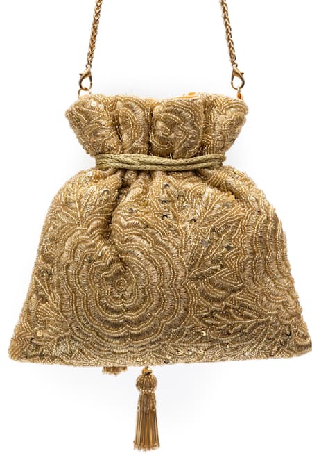 SG Collection By Sonia Gulrajani Mehr Gold Zari & Beadwork Embroidered Potli Bag 