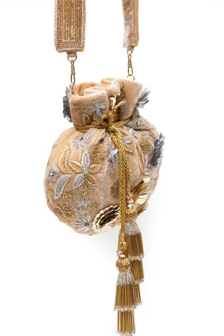 Buy_SG Collection By Sonia Gulrajani_Beige Beads, Sequins, Tassels, Hadiya Velvet And Embellished Potli Bag _Online_at_Aza_Fashions