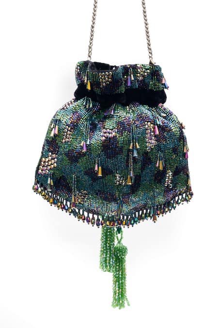 SG Collection By Sonia Gulrajani Farah Sequined Velvet Potli Bag with Tassel & Chain 