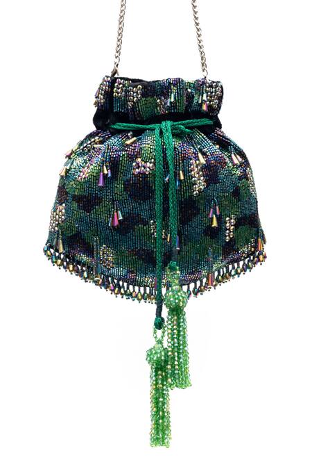 Buy_SG Collection By Sonia Gulrajani_Green Sequins, Tassels, Beads Farah Velvet Potli Bag With And Chain _Online_at_Aza_Fashions
