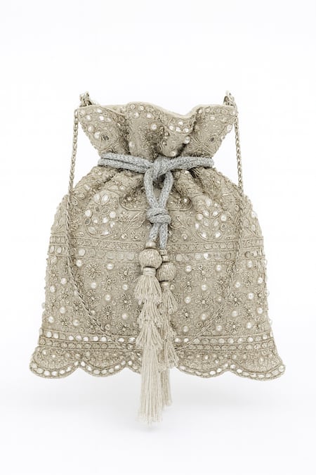 SG Collection By Sonia Gulrajani Celene Silver Pearl, Mirror & Beadwork Potli Bag 