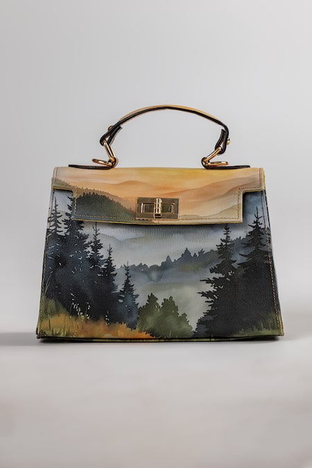 Buy_The Garnish Company_Orange Fiesole Landscape Sunset Print Leather Tote Bag _Online_at_Aza_Fashions