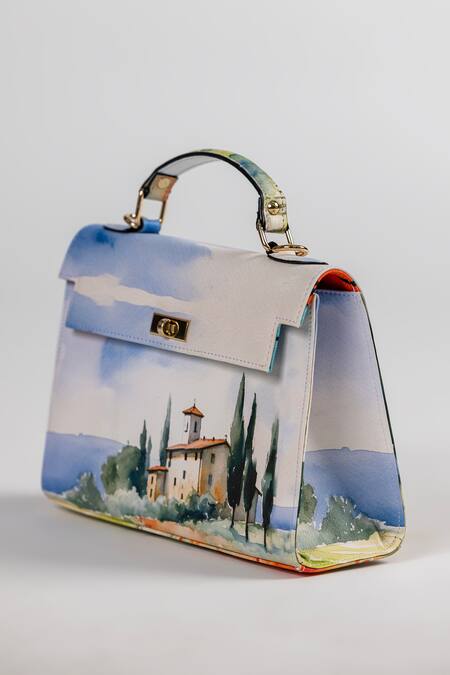 Buy_The Garnish Company_Blue Vinci Chateau Print Leather Tote Bag With Sling _Online_at_Aza_Fashions
