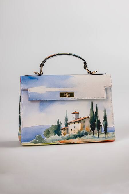Shop_The Garnish Company_Blue Vinci Chateau Print Leather Tote Bag With Sling _Online_at_Aza_Fashions