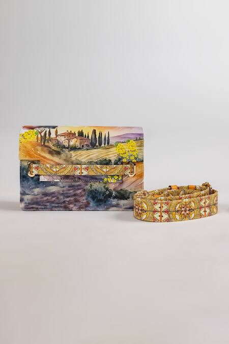 The Garnish Company_Yellow Pontassieve Farm Landscape Print Leather Sling Bag _Online_at_Aza_Fashions