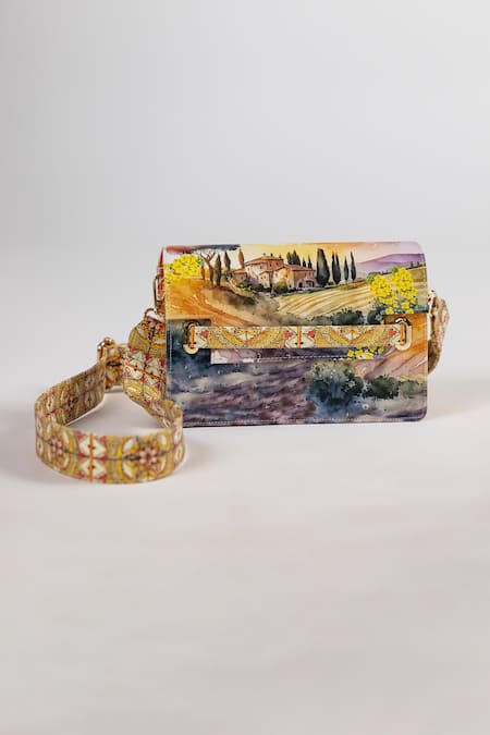 The Garnish Company Pontassieve Farm Landscape Print Leather Sling Bag 