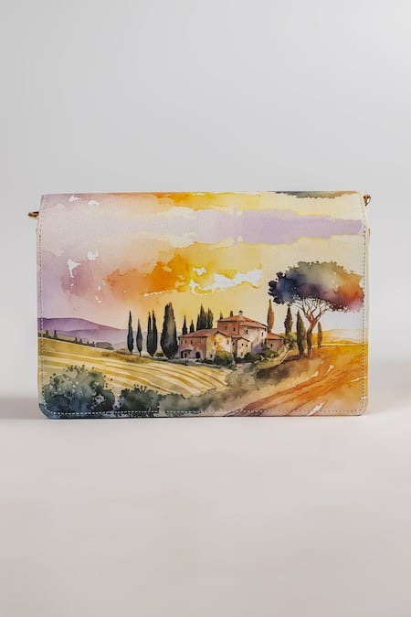 The Garnish Company Pontassieve Farm Landscape Print Leather Sling Bag 
