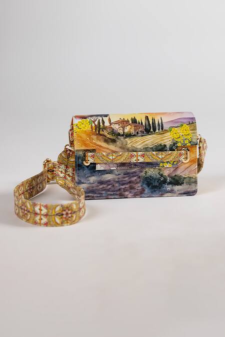 Buy_The Garnish Company_Yellow Pontassieve Farm Landscape Print Leather Sling Bag _Online_at_Aza_Fashions