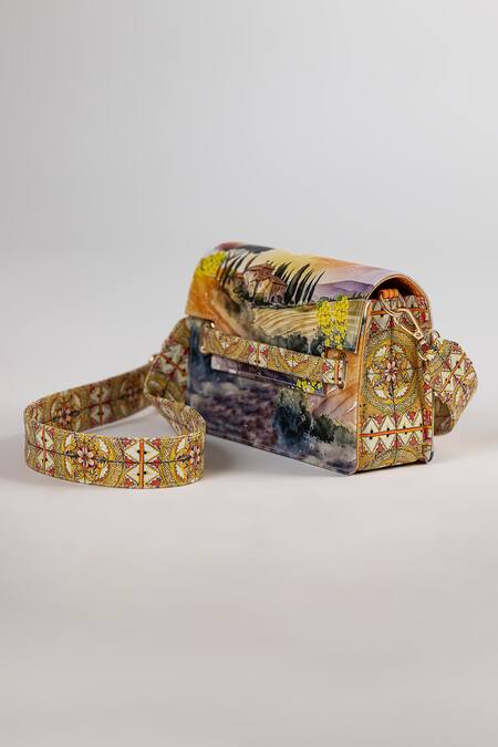 Shop_The Garnish Company_Yellow Pontassieve Farm Landscape Print Leather Sling Bag _Online_at_Aza_Fashions