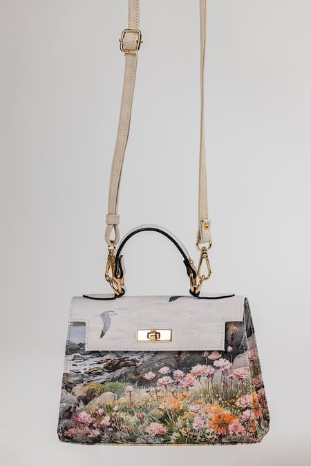 The Garnish Company Montaione Seascape Seagulls Print Leather Tote Bag 