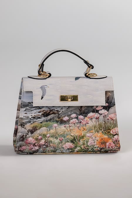 The Garnish Company Montaione Seascape Seagulls Print Leather Tote Bag 