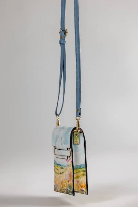 The Garnish Company_Blue Certaldo Floral Fields Leather Phone Sling Bag _Online_at_Aza_Fashions