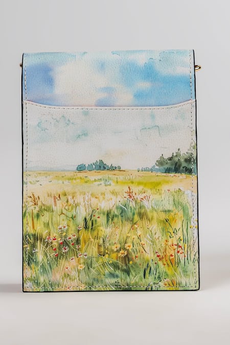 Shop_The Garnish Company_Blue Certaldo Floral Fields Leather Phone Sling Bag _Online_at_Aza_Fashions