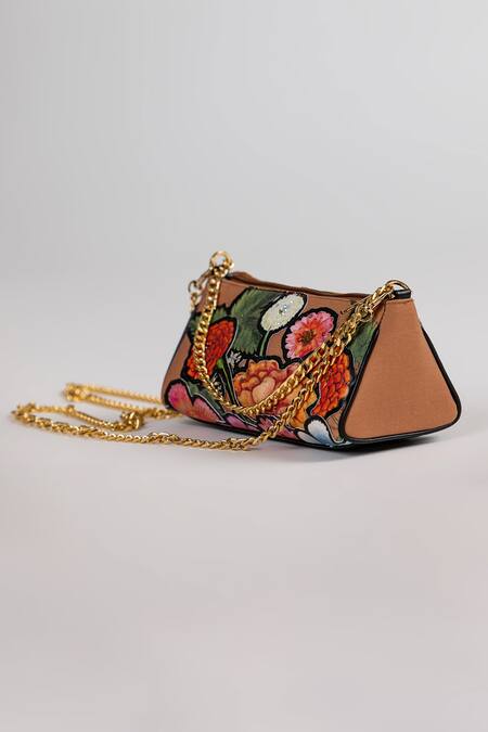 The Garnish Company_Brown Applique Cortona Floral Patchwork Dual Sling Bag _Online_at_Aza_Fashions