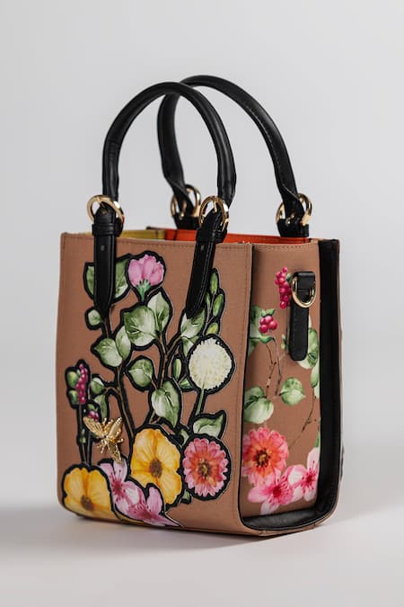 The Garnish Company_Brown Applique, Patchwork Fiorentino Cutout Flower Tote Bag _Online_at_Aza_Fashions