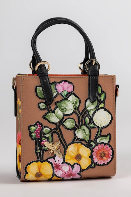 Buy_The Garnish Company_Brown Applique, Patchwork Fiorentino Cutout Flower Tote Bag _Online_at_Aza_Fashions