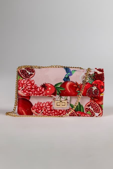 The Garnish Company_Pink Anara Pomegranate Print Turn Lock Chain Bag _Online_at_Aza_Fashions