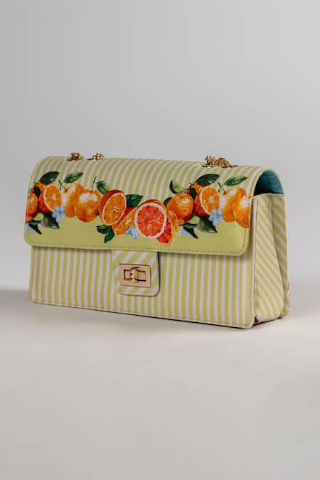 The Garnish Company_Green Clementine Oranges And Stripe Print Turn Lock Chain Bag _Online_at_Aza_Fashions