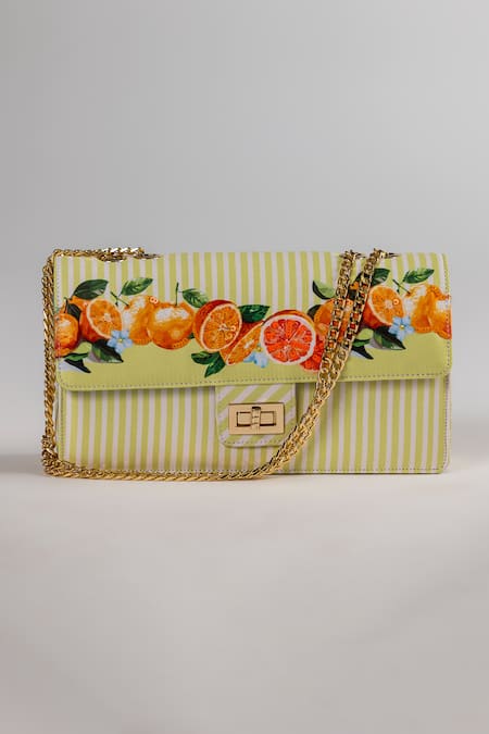 Buy_The Garnish Company_Green Clementine Oranges And Stripe Print Turn Lock Chain Bag _Online_at_Aza_Fashions