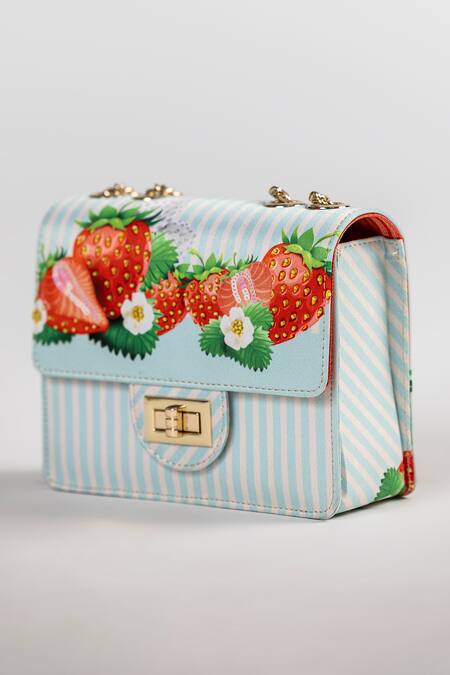 The Garnish Company_Aqua Fraise Strawberry Print And Striped Chain Sling Bag _Online_at_Aza_Fashions