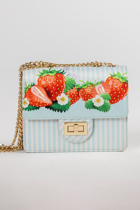 The Garnish Company Fraise Strawberry Print & Striped Chain Sling Bag 