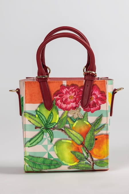 Shop_The Garnish Company_Peach Sequins, Embroidery Melona Mango And Banana Print Dual Strap Tote Bag _Online_at_Aza_Fashions